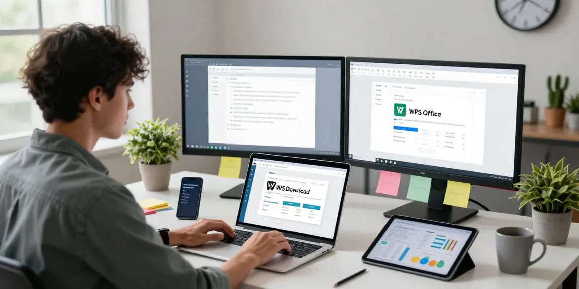 WPS Download interface displayed on a laptop in a modern workspace, highlighting productivity tools.