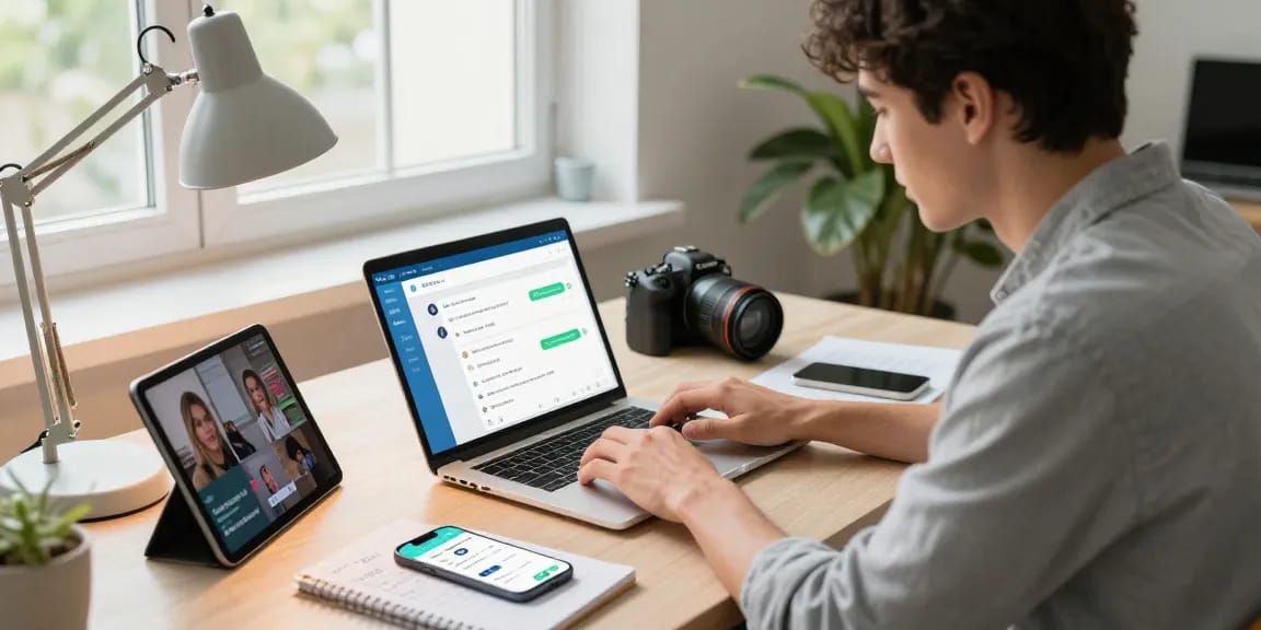 Engaging with the Telegram Web Version in a modern workspace with a laptop and tech gadgets.