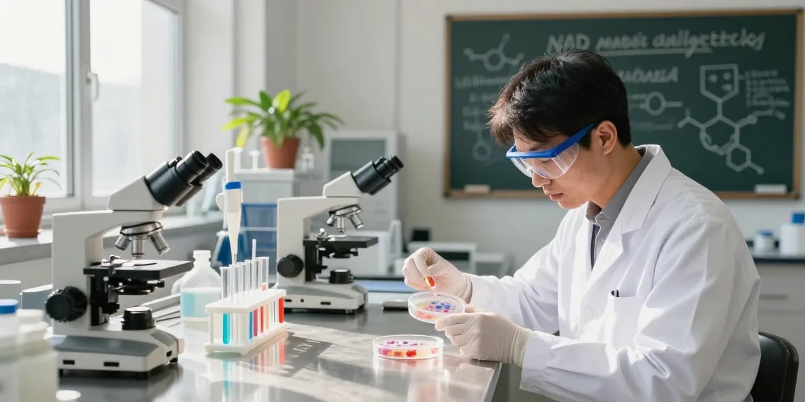 NAD research in a modern lab with a scientist studying cell cultures.