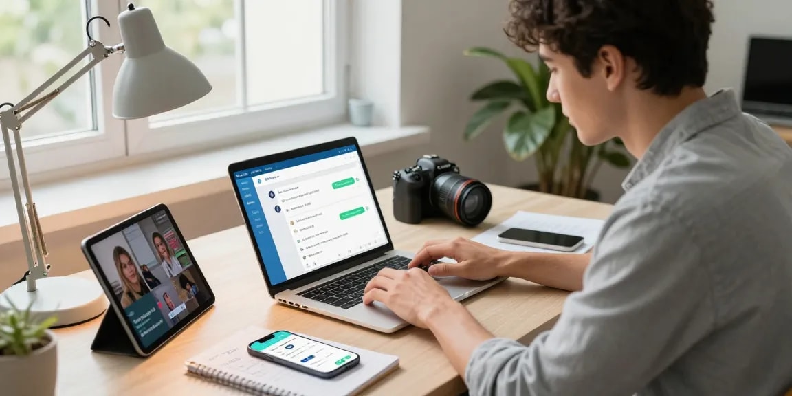 Engaging with the Telegram Web Version in a modern workspace with a laptop and tech gadgets.