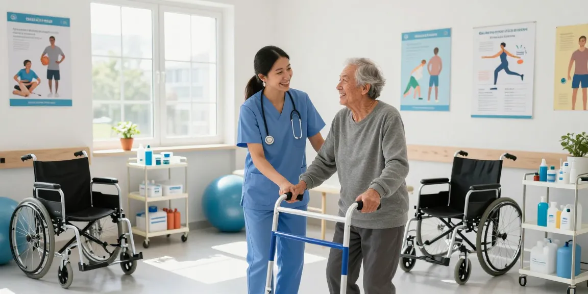 Engaged interaction between healthcare professional and patient using health equip in a rehabilitation center.