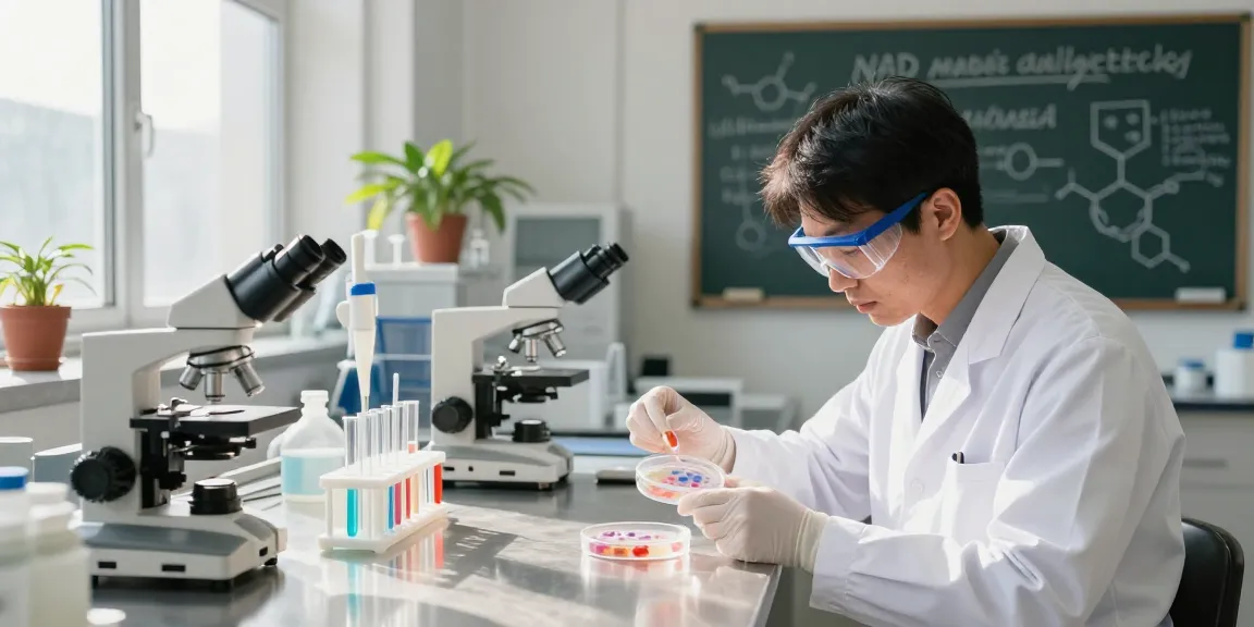 NAD research in a modern lab with a scientist studying cell cultures.