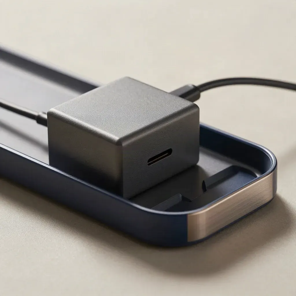 Macro still life of charger, cable case, dock and organizer tray on dark plaster