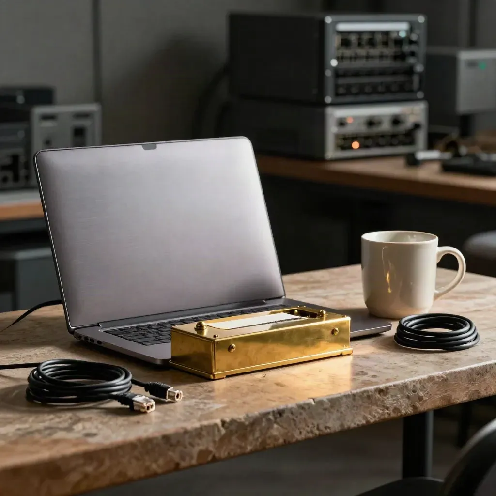 Closed laptop, brass weight, mug and coiled ethernet cable on warm stone with moody workshop bokeh