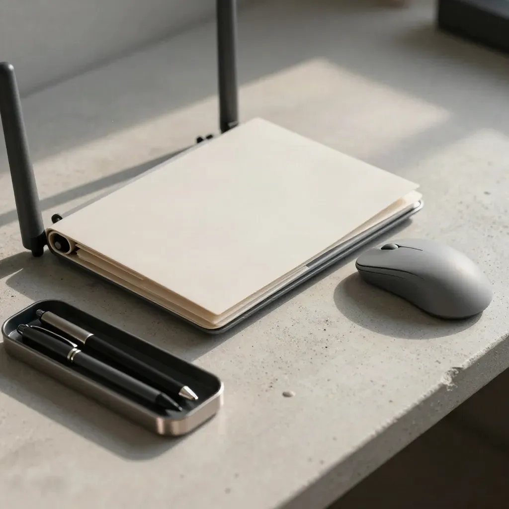 Overhead still life of router, folders, mouse, and pen tray on pale concrete