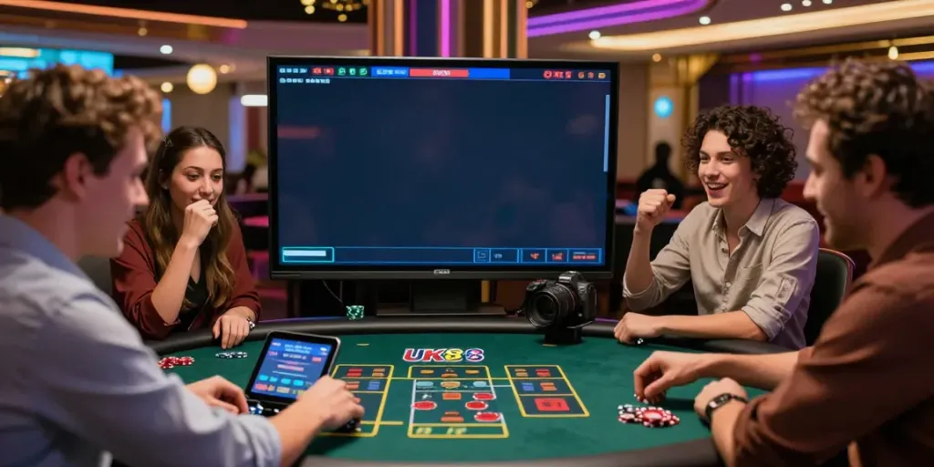 Friends enjoying a thrilling game at UK88's vibrant online casino, capturing excitement and interaction.