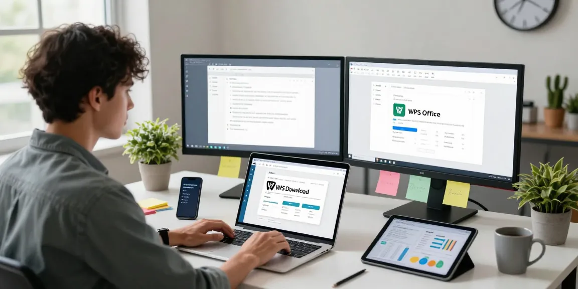 WPS Download interface displayed on a laptop in a modern workspace, highlighting productivity tools.