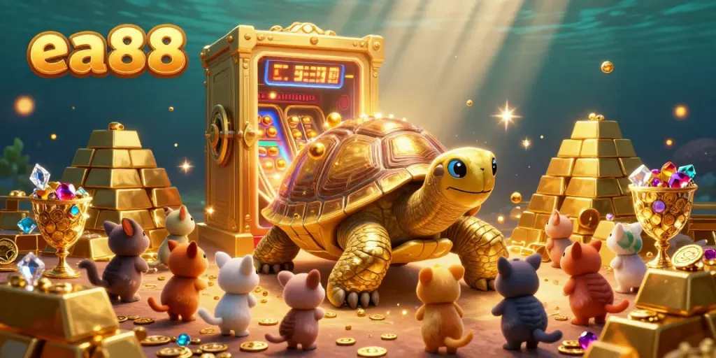 Experience thrilling gameplay at ea88 with this vibrant illustration of a magical pinball tortoise surrounded by treasures.