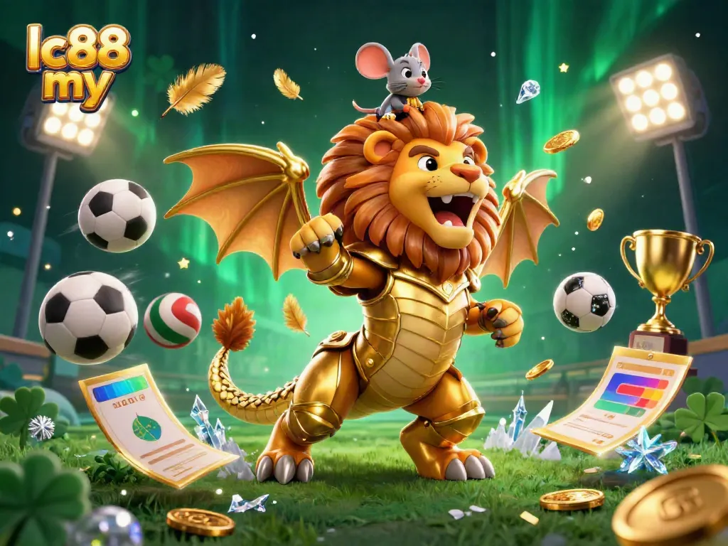 Experience the thrilling adventures of lc88 my with a dynamic 3D casino scene, featuring a golden chimera and sports betting elements.