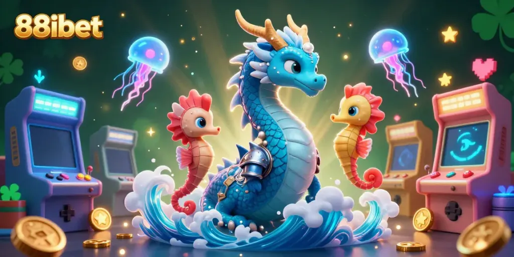 Engage with 88ibet's captivating 3D illustration showcasing a dragon and seahorse knight in a vibrant casino environment.
