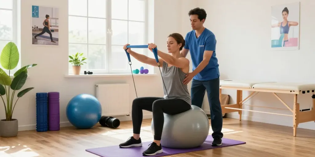 Physiotherapy burlington session in a bright clinic with a therapist guiding a patient using resistance bands, showcasing a vibrant healing atmosphere.