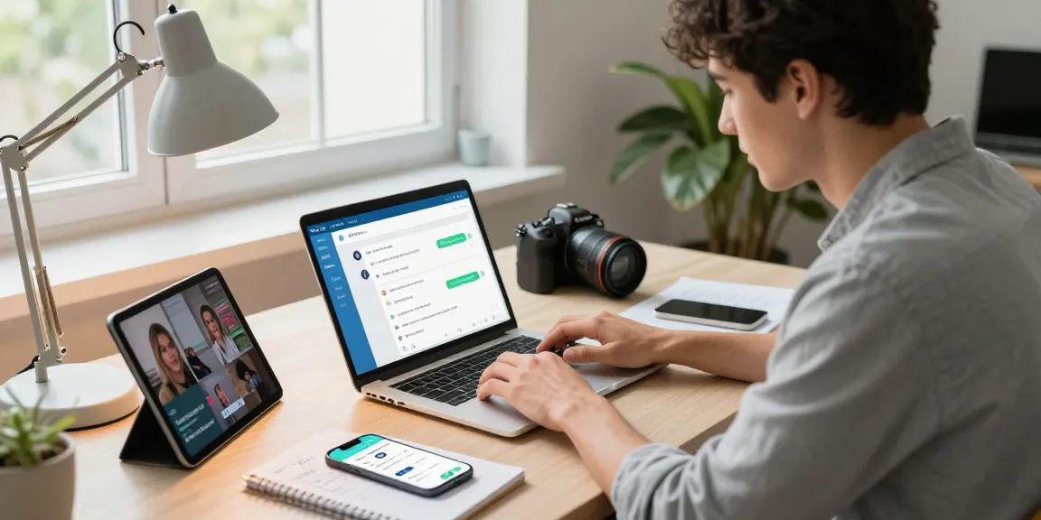 Engaging with the Telegram Web Version in a modern workspace with a laptop and tech gadgets.