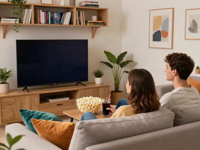 Couple enjoying movie night at home, download movies effortlessly.