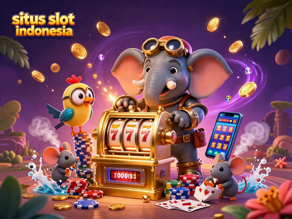 Experience the excitement of situs slot indonesia with a vibrant 3D scene featuring a steampunk elephant operating a slot machine, surrounded by colorful casino elements.