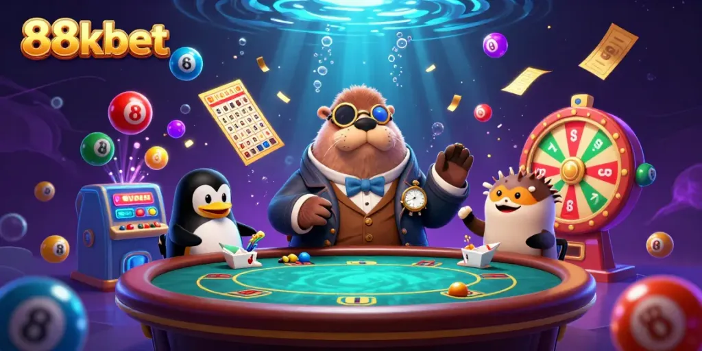 88kbet showcases an underwater poker game with a walrus, penguin dealer, and pufferfish amidst dynamic gaming action.