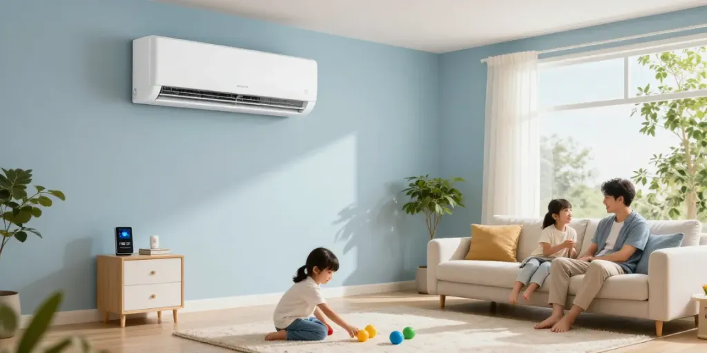 Ductless air conditioner in a cozy family living room with parents and children enjoying their time together.